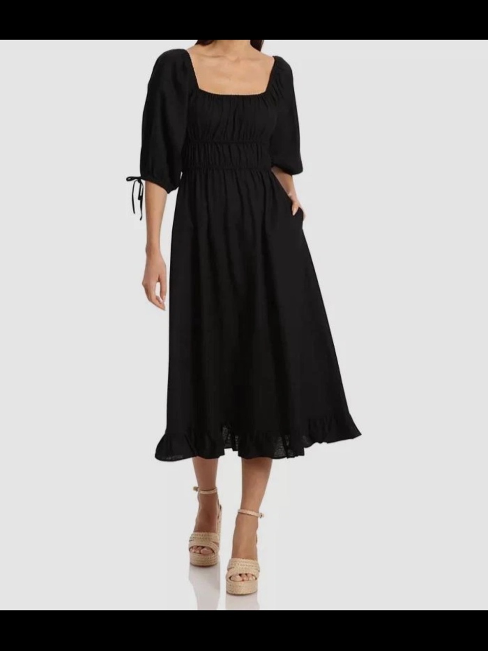 Avec Les Filles Black Ruched Bodice Midi Dress Linen Blend
